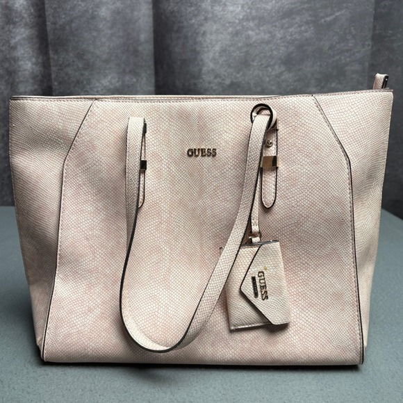 Guess Handbags - Guess Pink Snakeskin Embossed Tote Bag Zip Top Shoulder Handbag with Charm